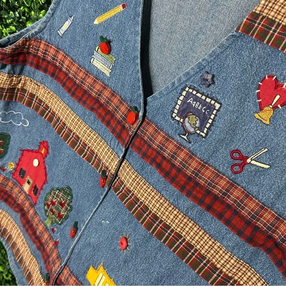 Vtg. Bobbie Brooks Blue Denim School Vest Patchwork Sz L - Picture 3 of 9